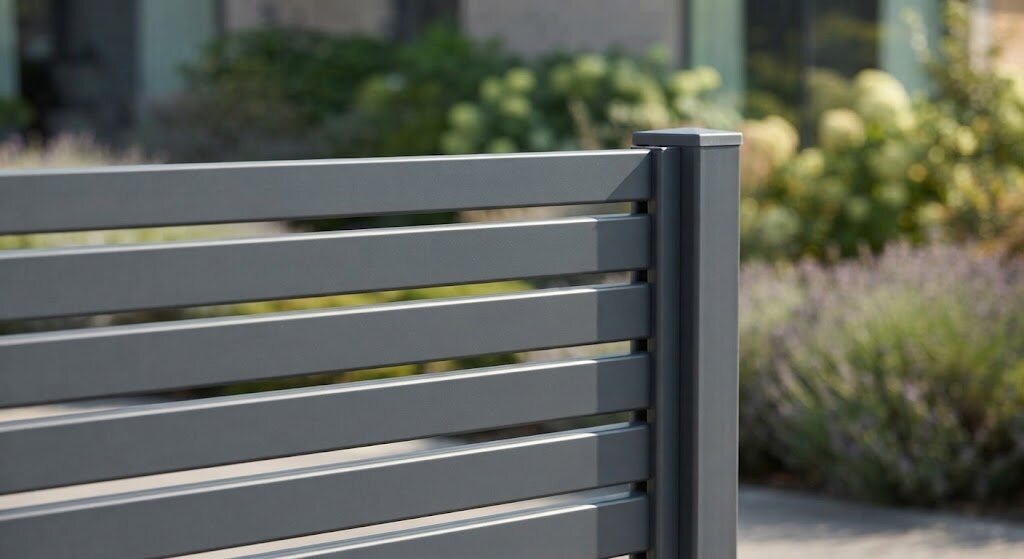 Ogrodzenie aluminiowe po latach użytkowania – powierzchnia nadal idealnie czysta, bez śladów korozji. Bezobsługowa trwałość na długie lata.