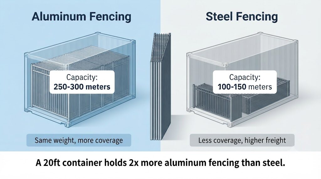 Container loading capacity comparison aluminum vs steel fencing - 250-300 meters aluminum vs 100-150 meters steel per 20ft container