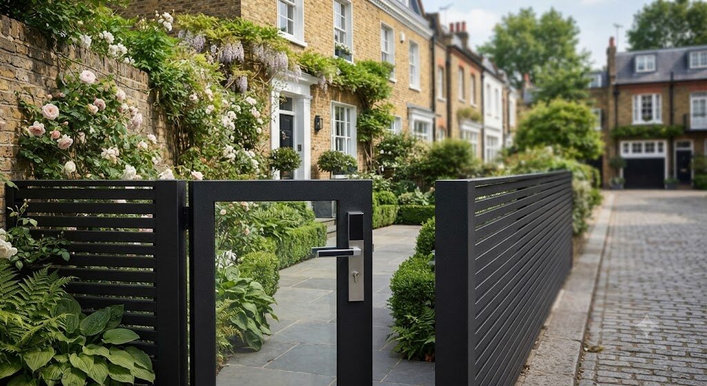 Aluminum fence and gate installation in London, black powder-coated metal fencing for residential and commercial projects