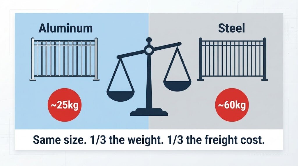 Weight comparison aluminum vs steel fencing - aluminum 25kg vs steel 60kg same size one third weight