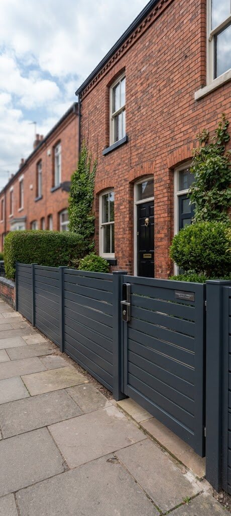 Aluminum fence panels for Manchester brick townhouse residential and industrial contractor projects