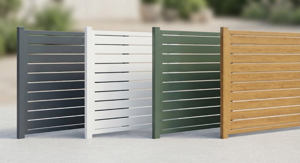 Ogrodzenia aluminiowe w różnych kolorach i wzorach – antracyt, grafit, biel i imitacja drewna. Szeroka paleta barw pozwala dopasować ogrodzenie do każdego stylu architektonicznego.