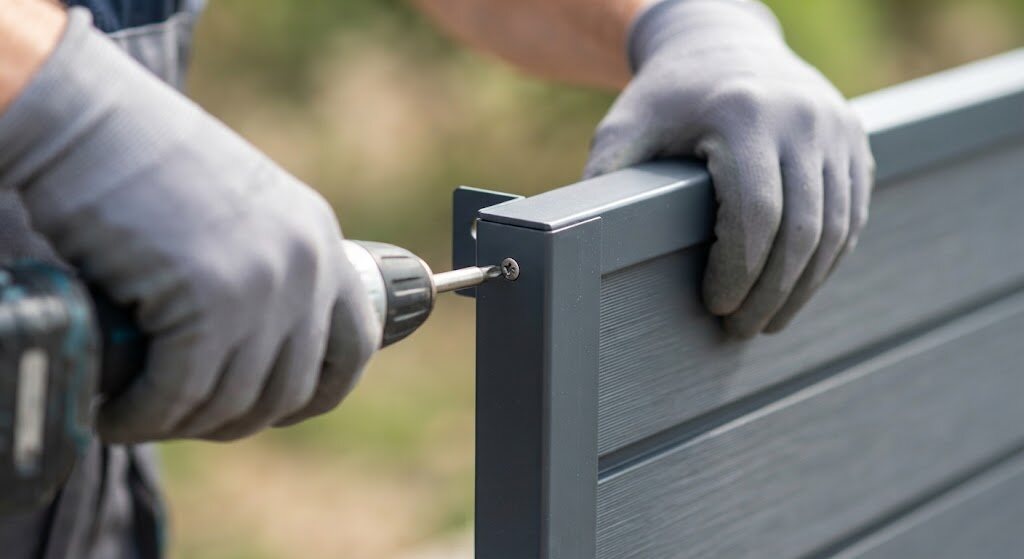Zbliżenie montażu ogrodzenia aluminiowego – ręce pracownika przykręcającego panel do uchwytu. Lekka konstrukcja umożliwia szybki i precyzyjny montaż.