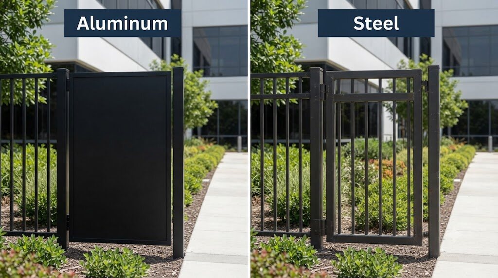 Aluminum vs steel fencing side by side comparison - aluminum fence panels vs steel fence panels
