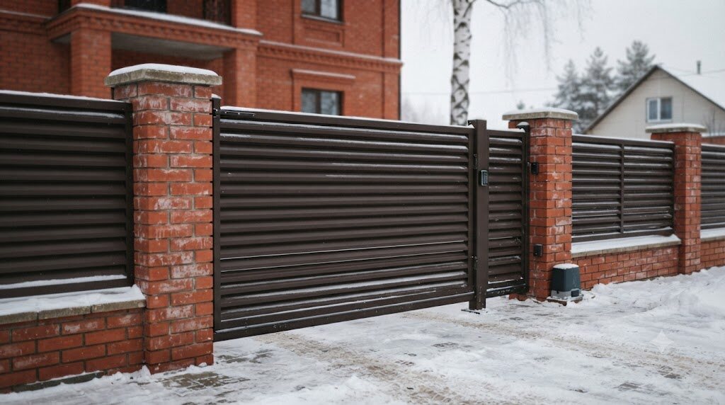 Модульные алюминиевые откатные ворота с электроприводом для сурового зимнего климата