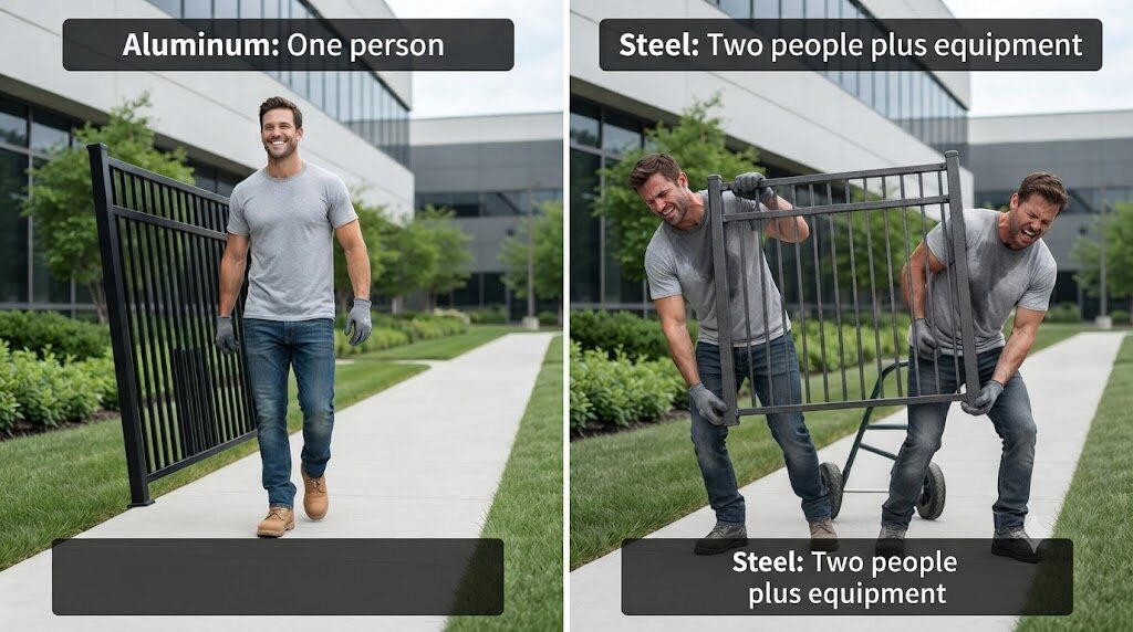 Installation labor comparison aluminum vs steel fencing - one person handling aluminum vs two people with equipment handling steel