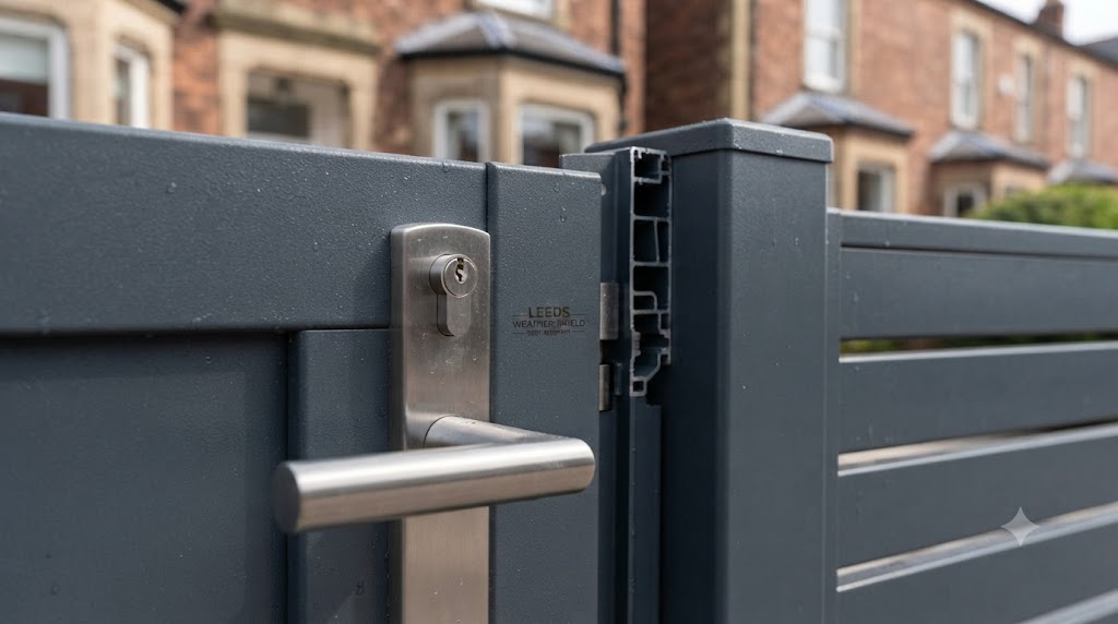 Durable aluminum fence and gate lock and profile detail with reinforced structure and anti-corrosion finish for Leeds weather conditions