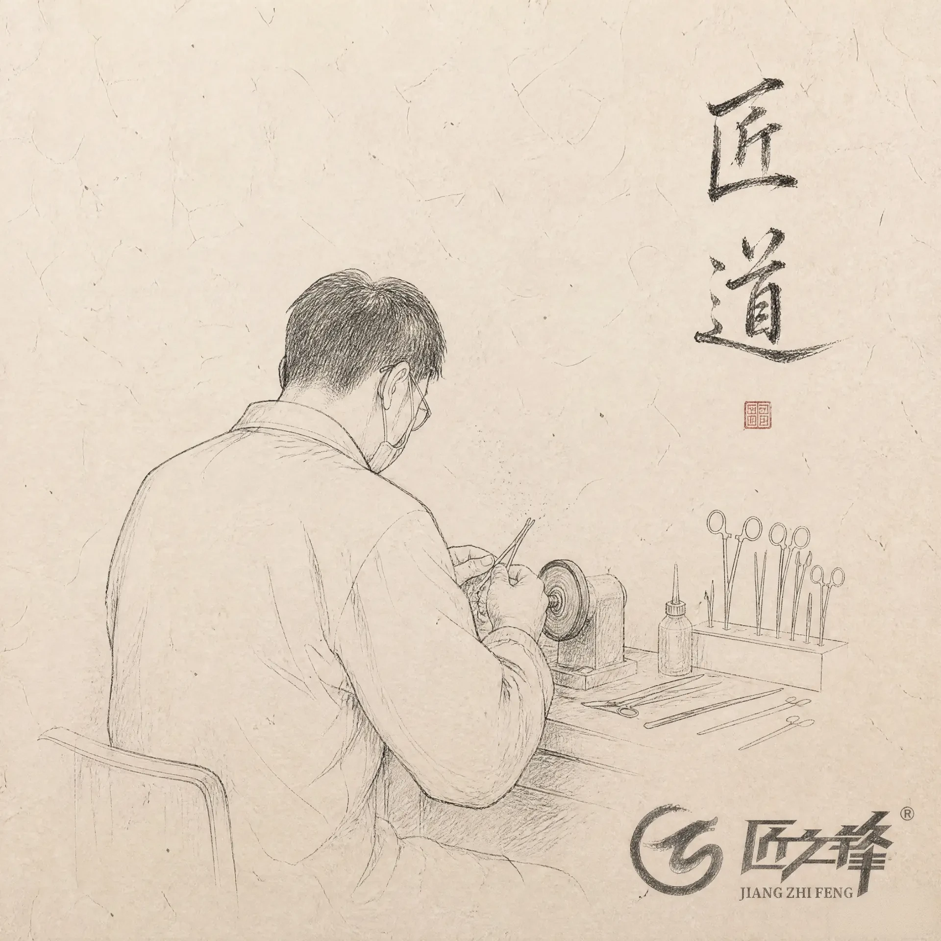 匠道手绘插图:匠人在工作台前用砂轮打磨器械,台面整齐陈列手术剪与器械