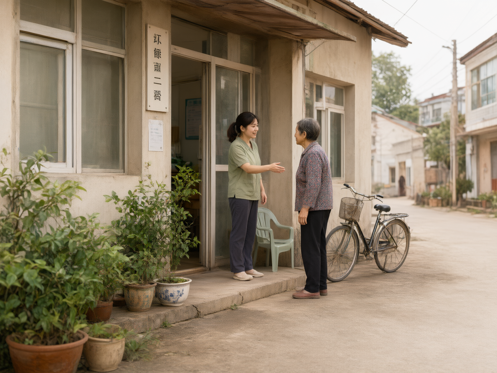 县域基层卫生服务点：照护人员在门口迎接老人