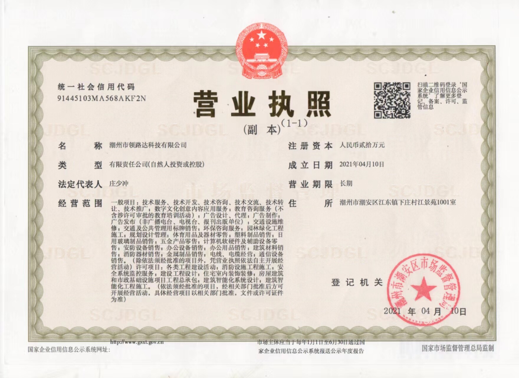潮州市领路达科技有限公司营业执照