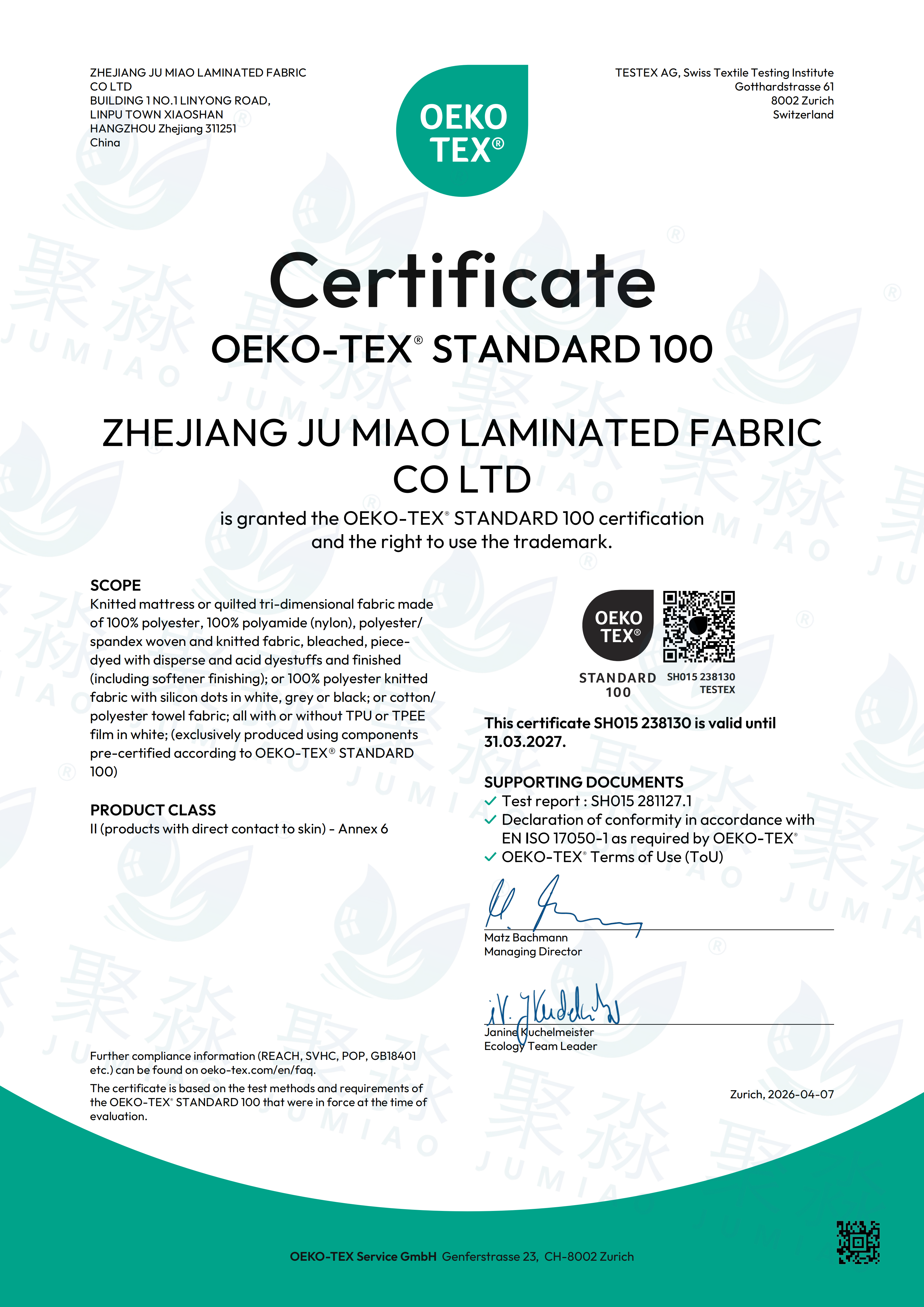 OEKO-TEX® STANDARD 100 (SH015 238130)