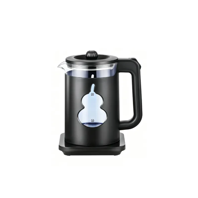 2.0L Black Electric Kettle with Borosilicate Glass Inner Tank and Double-Layer Heat-Resistant PP Outer Shell