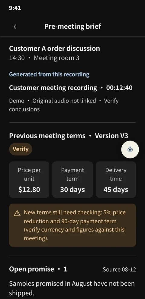 OmniSage pre-meeting brief: previous terms, unit price, payment term and delivery time