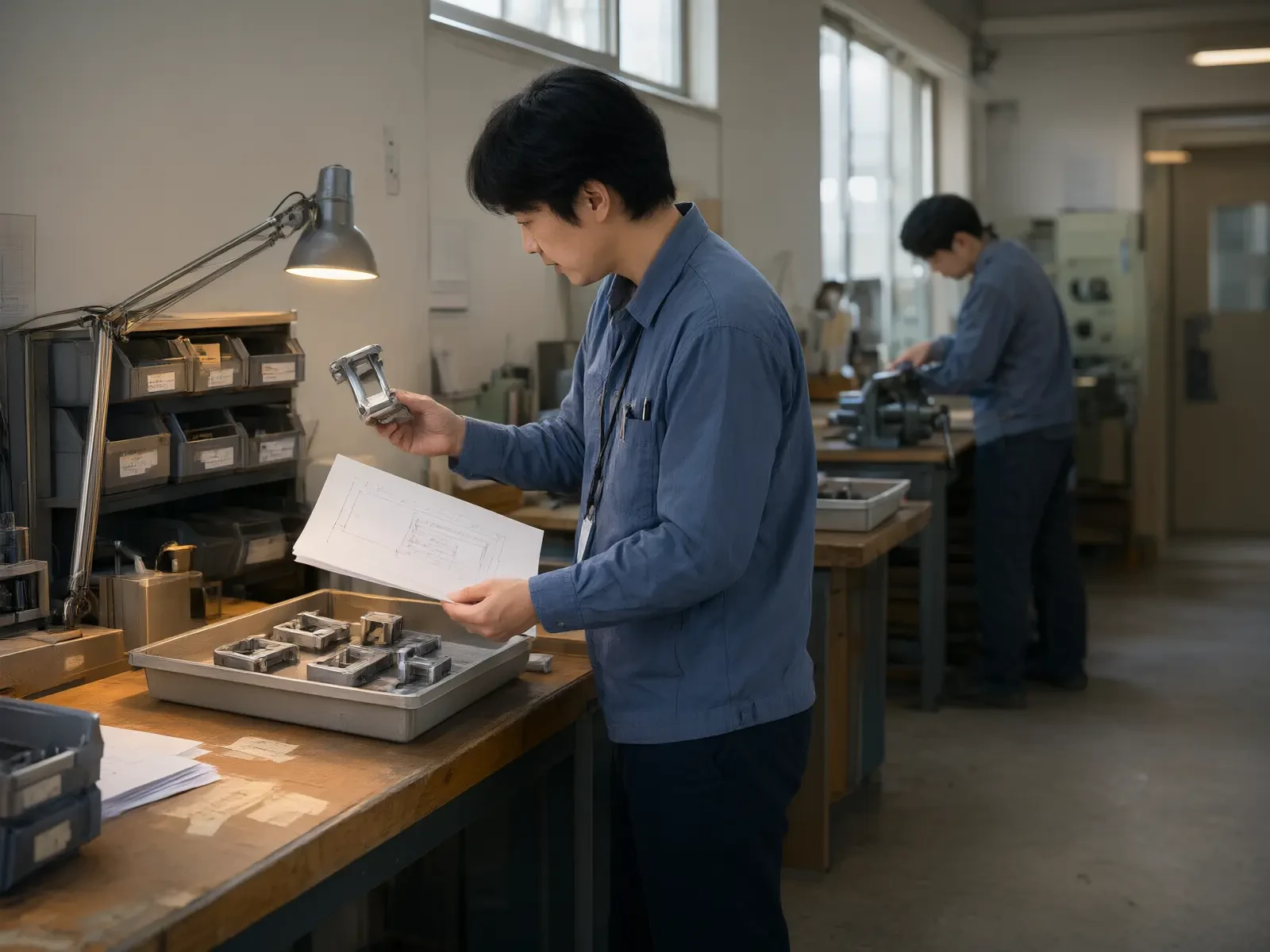 An engineer at a workshop workstation comparing a machined bracket against a printed drawing