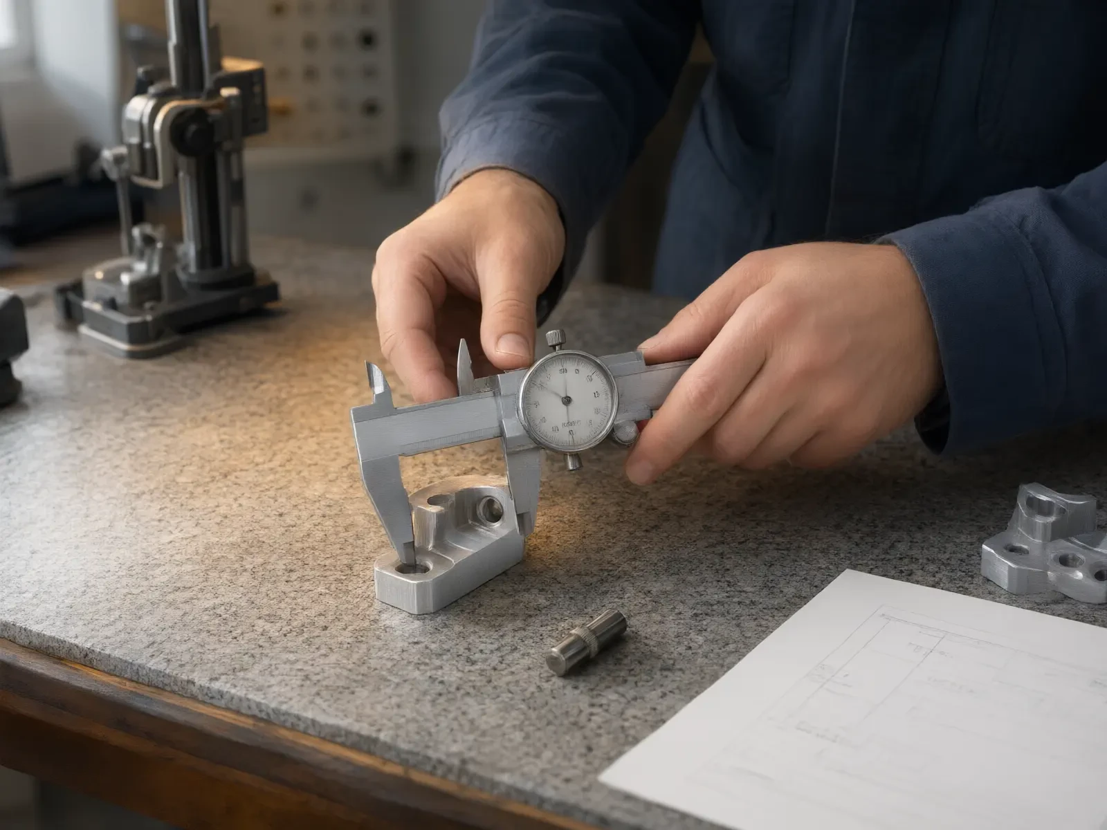 Hands checking a machined aluminum bracket with a dial caliper on a granite inspection bench