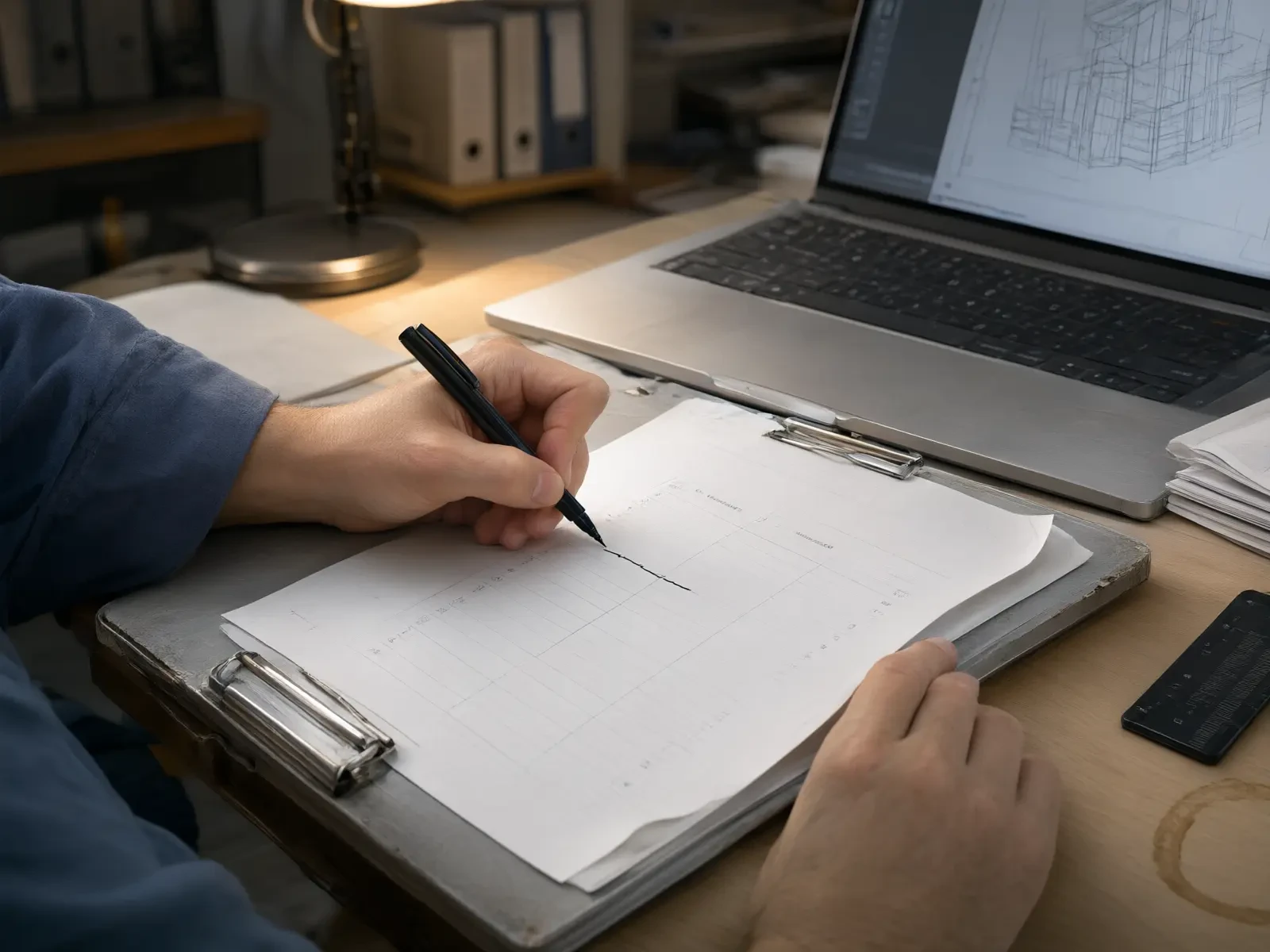 Hands writing on a printed DFM findings sheet clipped to a board beside a laptop