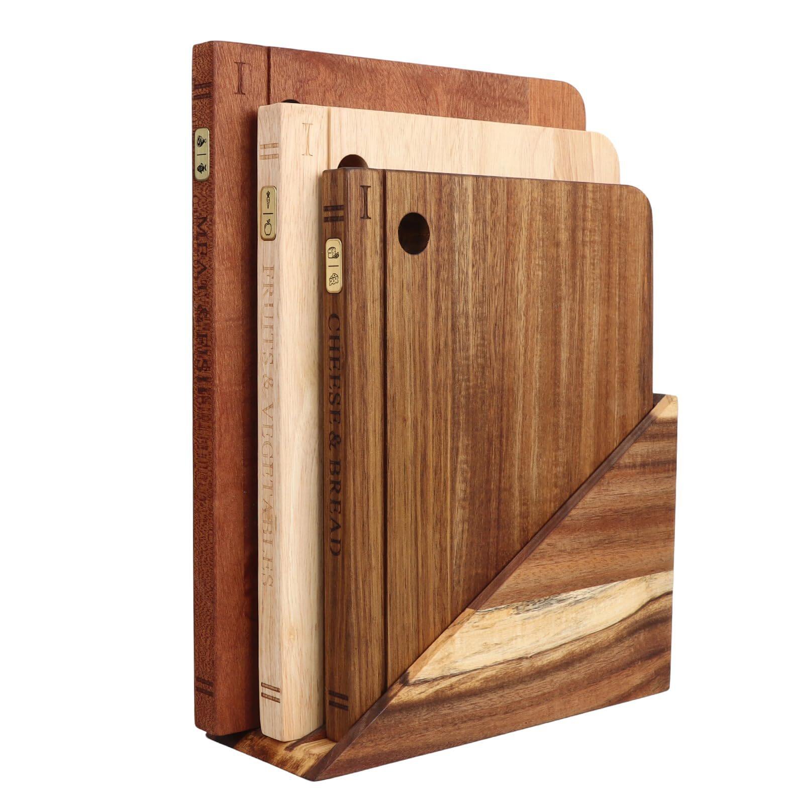 3-Piece Book-Style Acacia Wood Cutting Board Set with Storage Stand