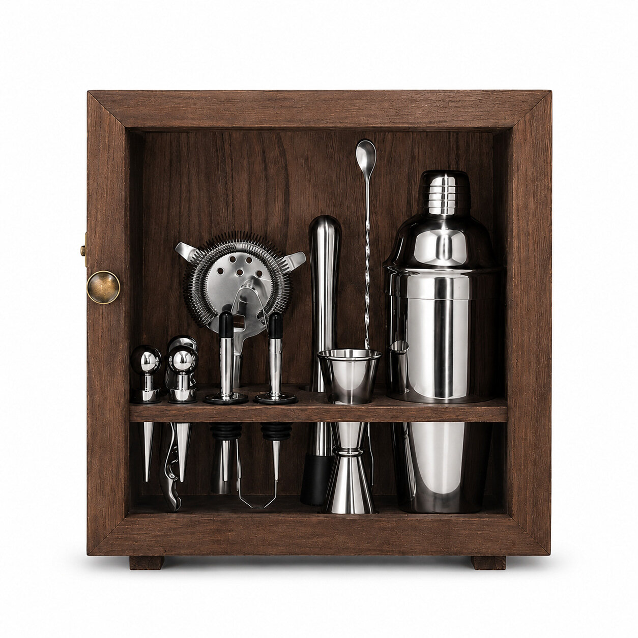 700ml 12-Piece Stainless Steel Cocktail Shaker Set with Vintage Wooden Storage Rack