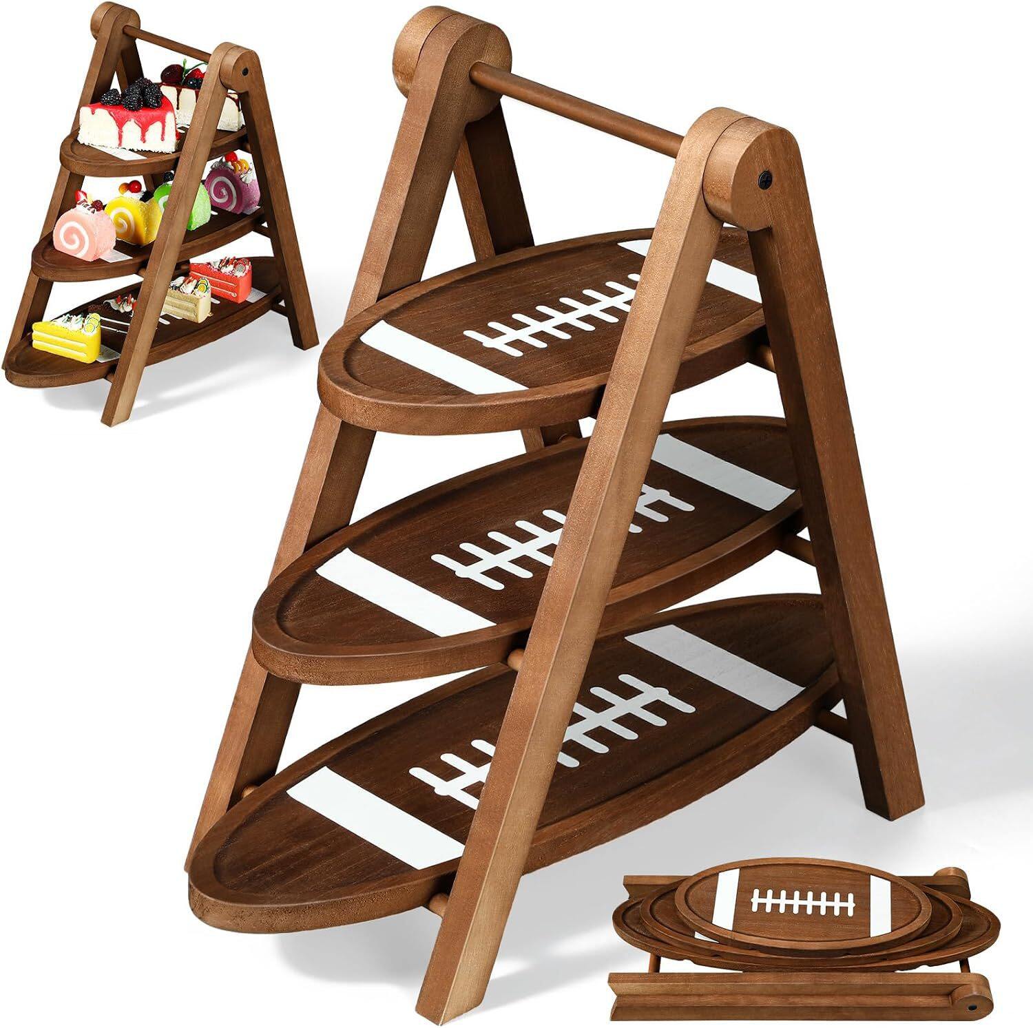 3-Tier Wooden Football Cupcake Stand & Game Day Party Serving Riser
