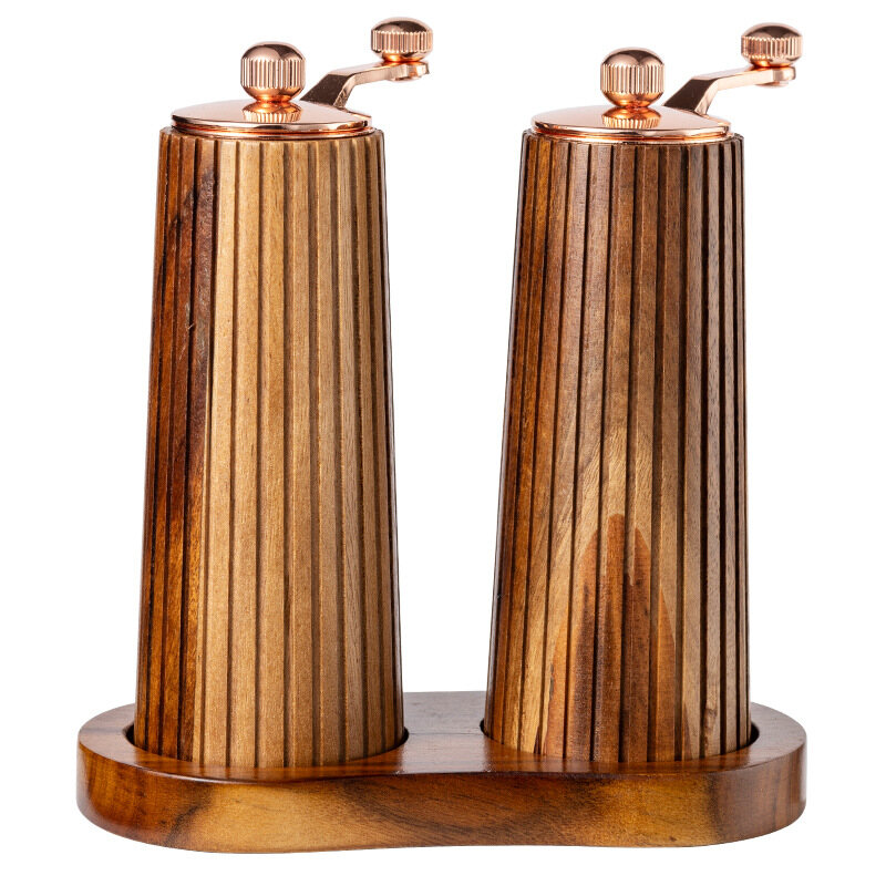 Fluted Wooden Hand Crank Salt and Pepper Grinder Set with Tray