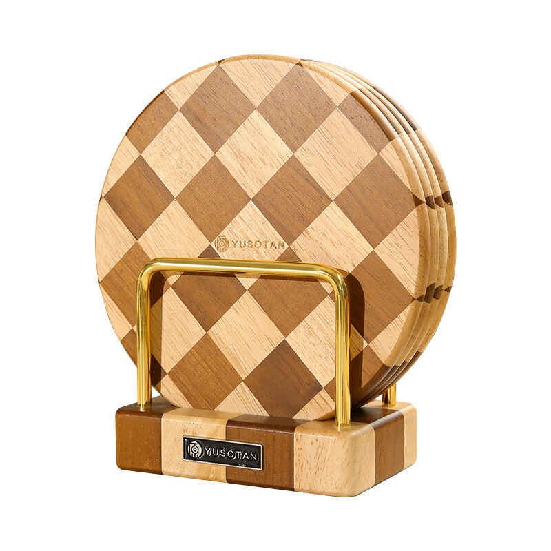 Checkerboard Mosaic Wooden Trivet and Coaster Set with Holder Stand