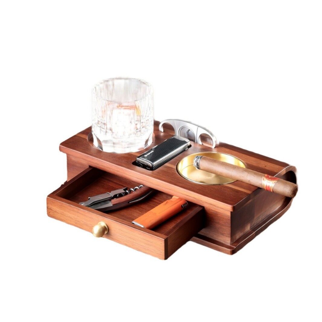 Book-Shaped Wooden Cigar Ashtray & Whiskey Glass Coaster with Drawer