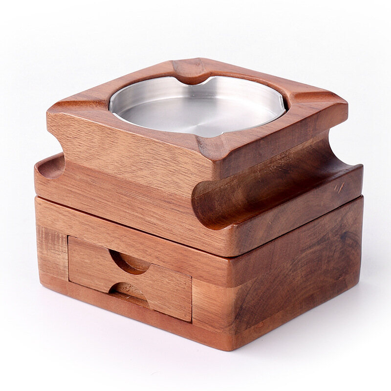 Detachable Wooden Cigar Ashtray & Whiskey Coaster with Hidden Drawer
