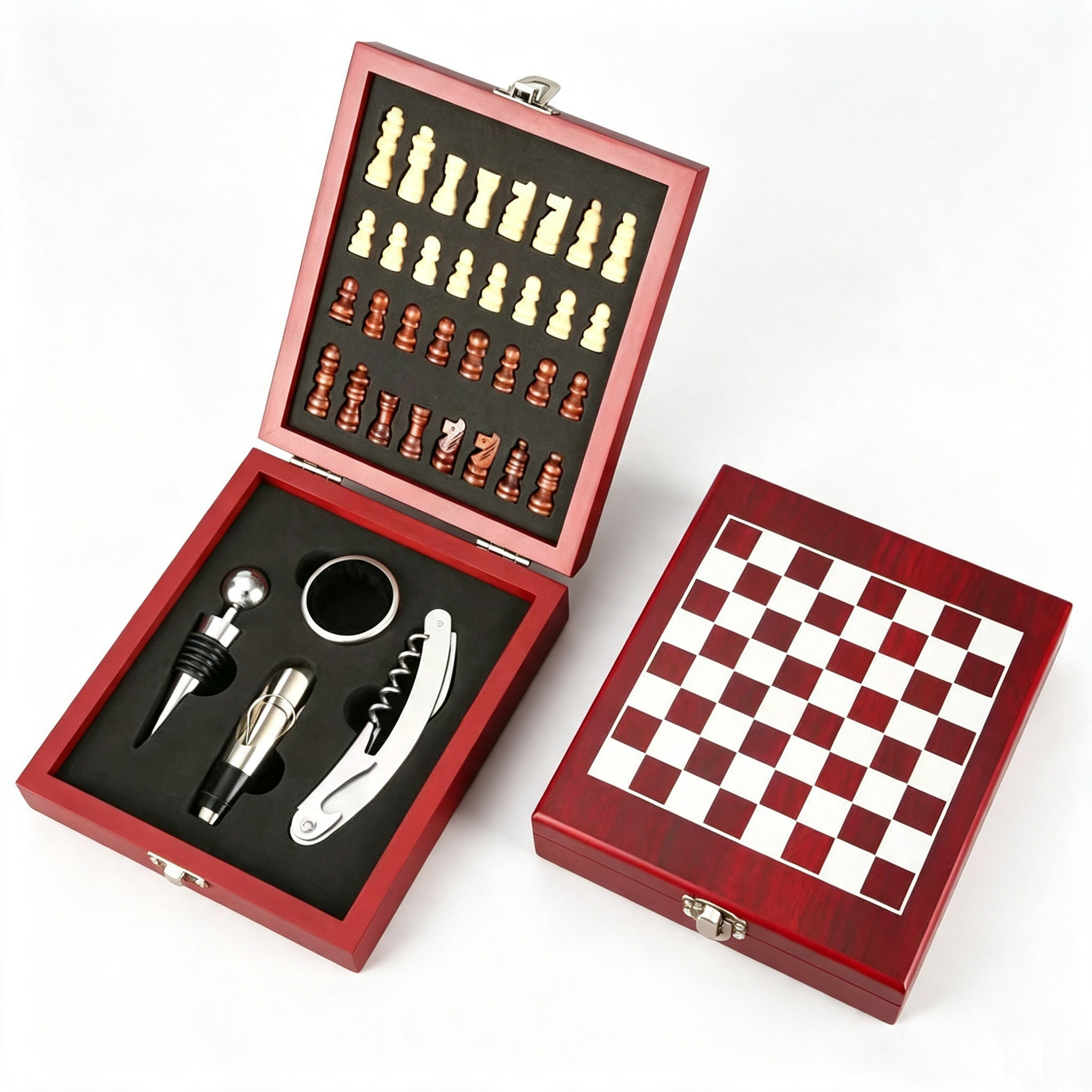 Executive Wooden Chess Board Wine Accessory Gift Set Collection with Sommelier Tools