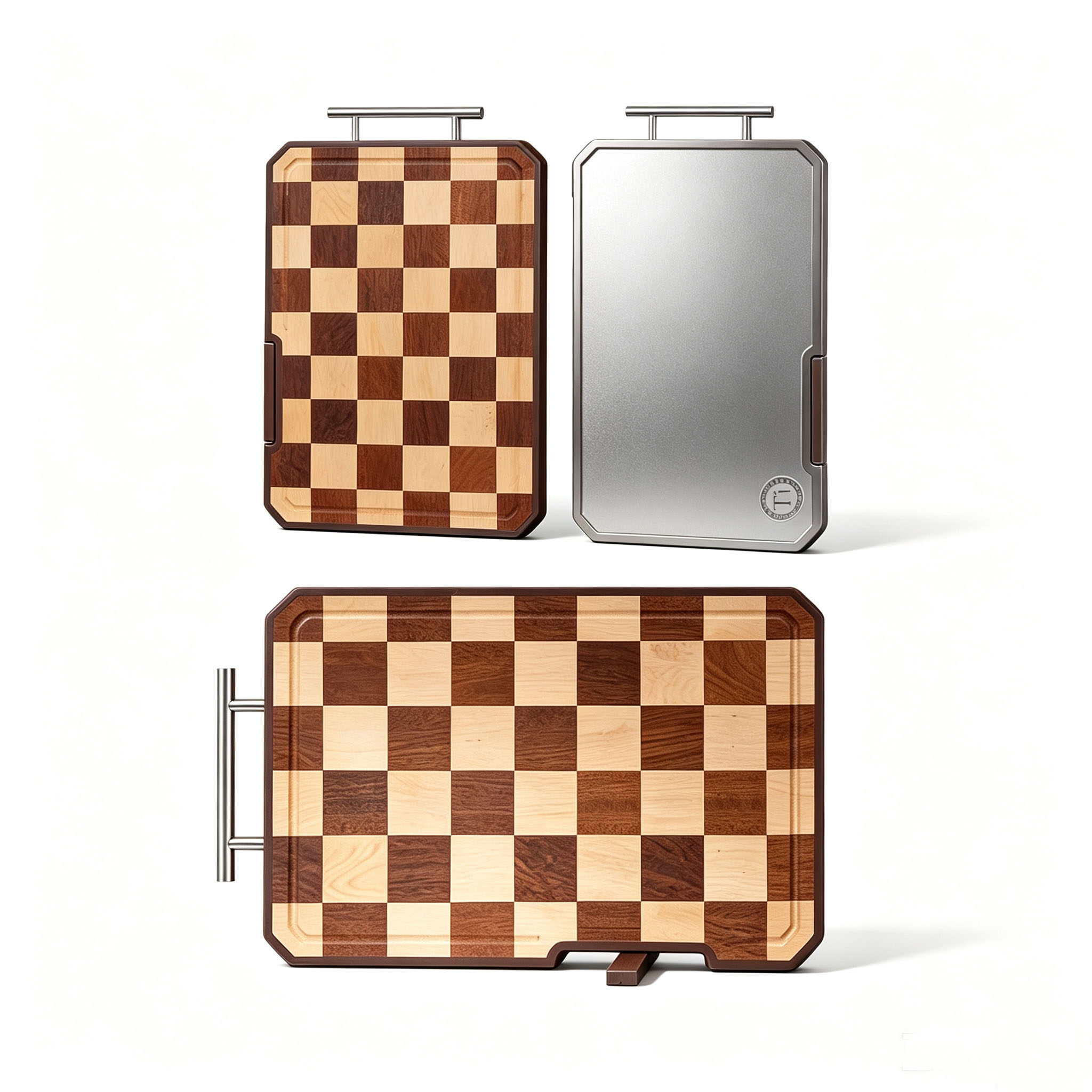 Titanium & Ebony Wood Dual-Sided Cutting Board with Built-In Knife Sharpener & Stand