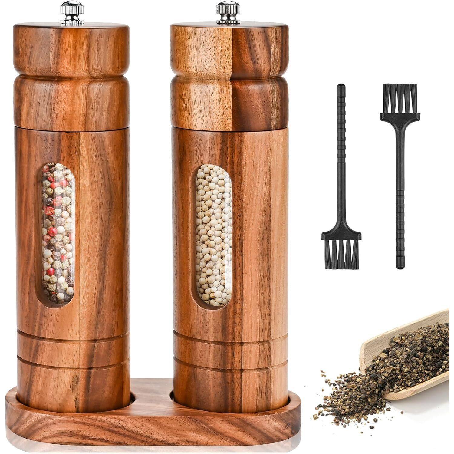 Manual Wooden Pepper Grinder & Salt Mill Set with Acrylic Visible Window