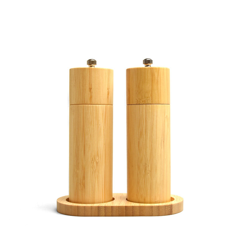 Minimalist Bamboo Salt and Pepper Grinder Set with Tray