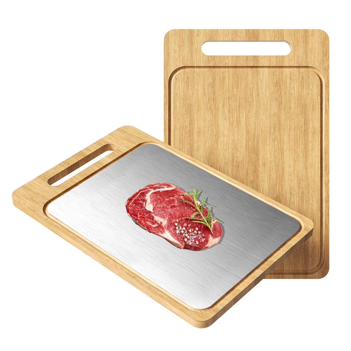 Double-Sided 304 Stainless Steel / Pure Titanium & Natural Bamboo Cutting Board with Juice Groove