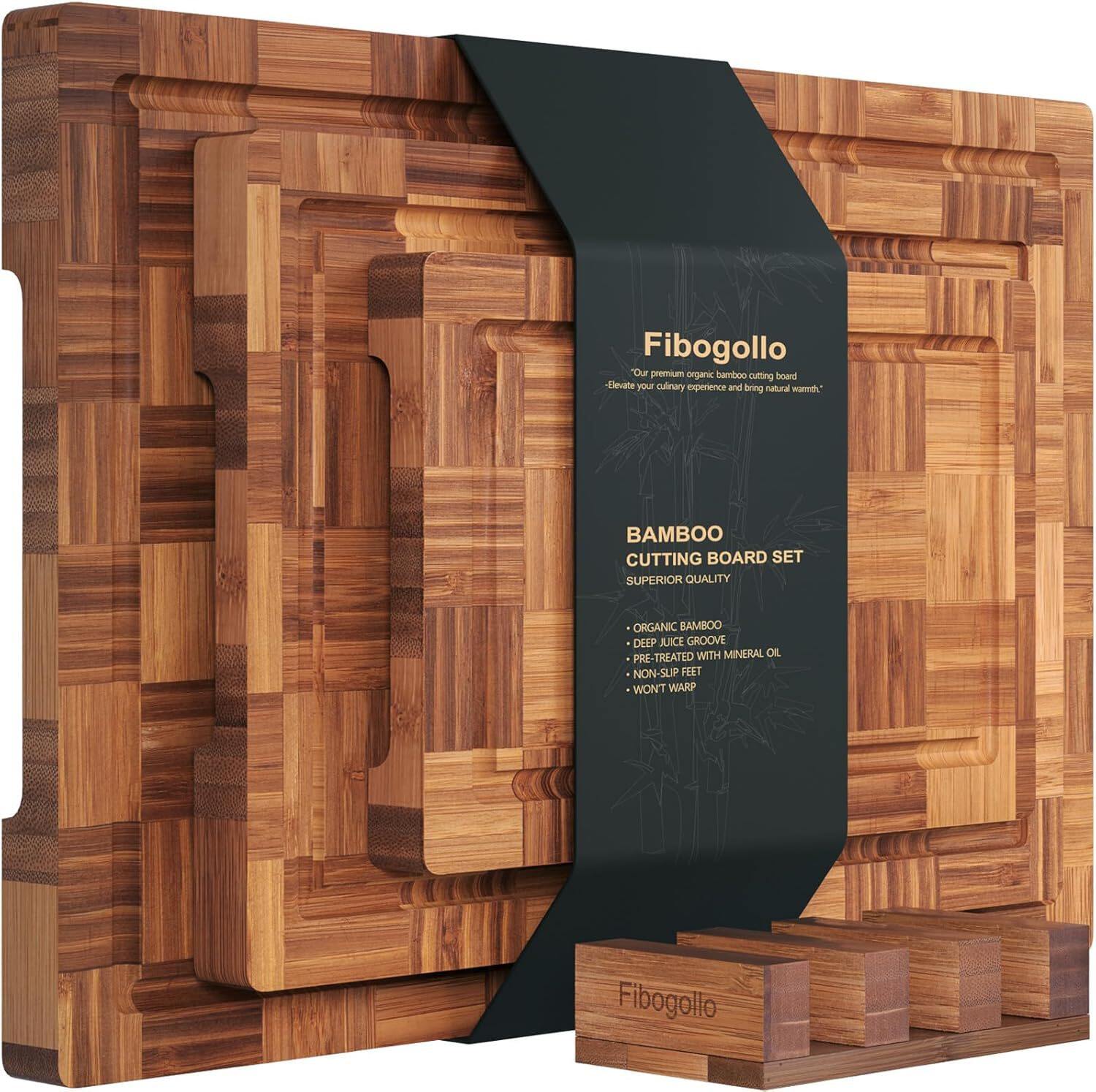 3-Piece End Grain Bamboo Cutting Board Set with Storage Stand