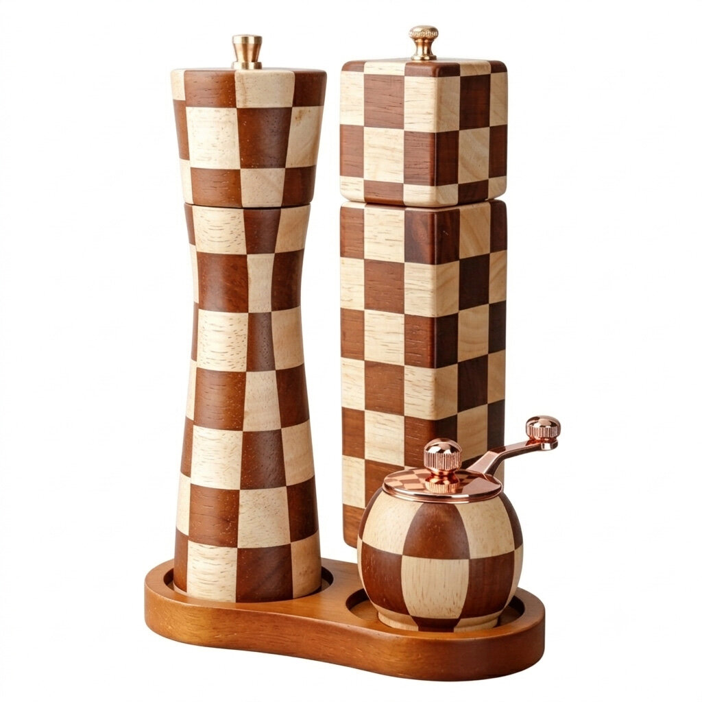 Checkerboard Wooden 3 Pcs Salt Pepper Spice Grinder Set with Tray