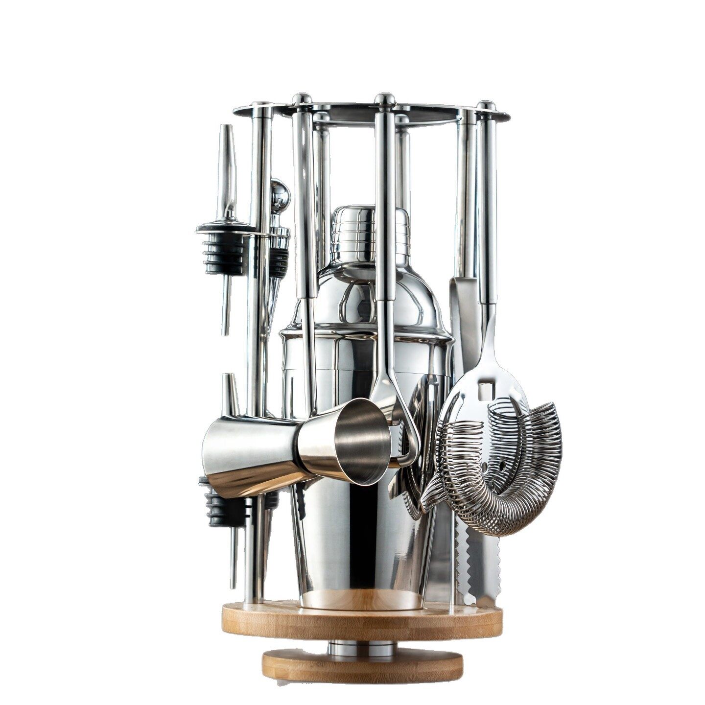 12-Piece Stainless Steel Cocktail Shaker Set with Wire Frame & Bamboo Stand | Professional Bartender