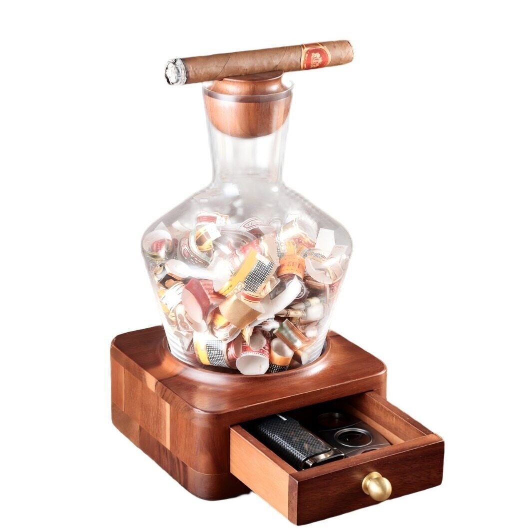 Luxurious Solid Wood Decanter Base with Cigar Accessories Drawer