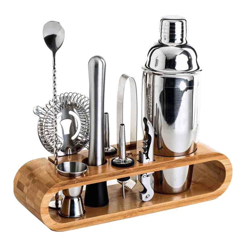 10-Piece Stainless Steel Cocktail Shaker Set with Oval Bamboo Stand | Custom Logo Bartender Kit