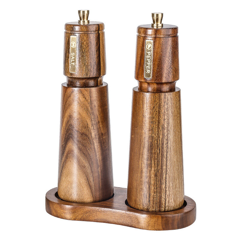 Classic Natural Acacia Wood Salt and Pepper Grinder Set with Base