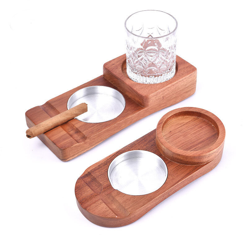 Patented 2-in-1 Wooden Whiskey Glass Coaster & Cigar Ashtray Tray