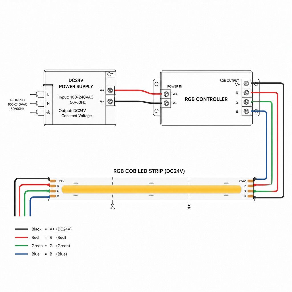 RGB COB LED strip minimal wiring diagram power supply controller
