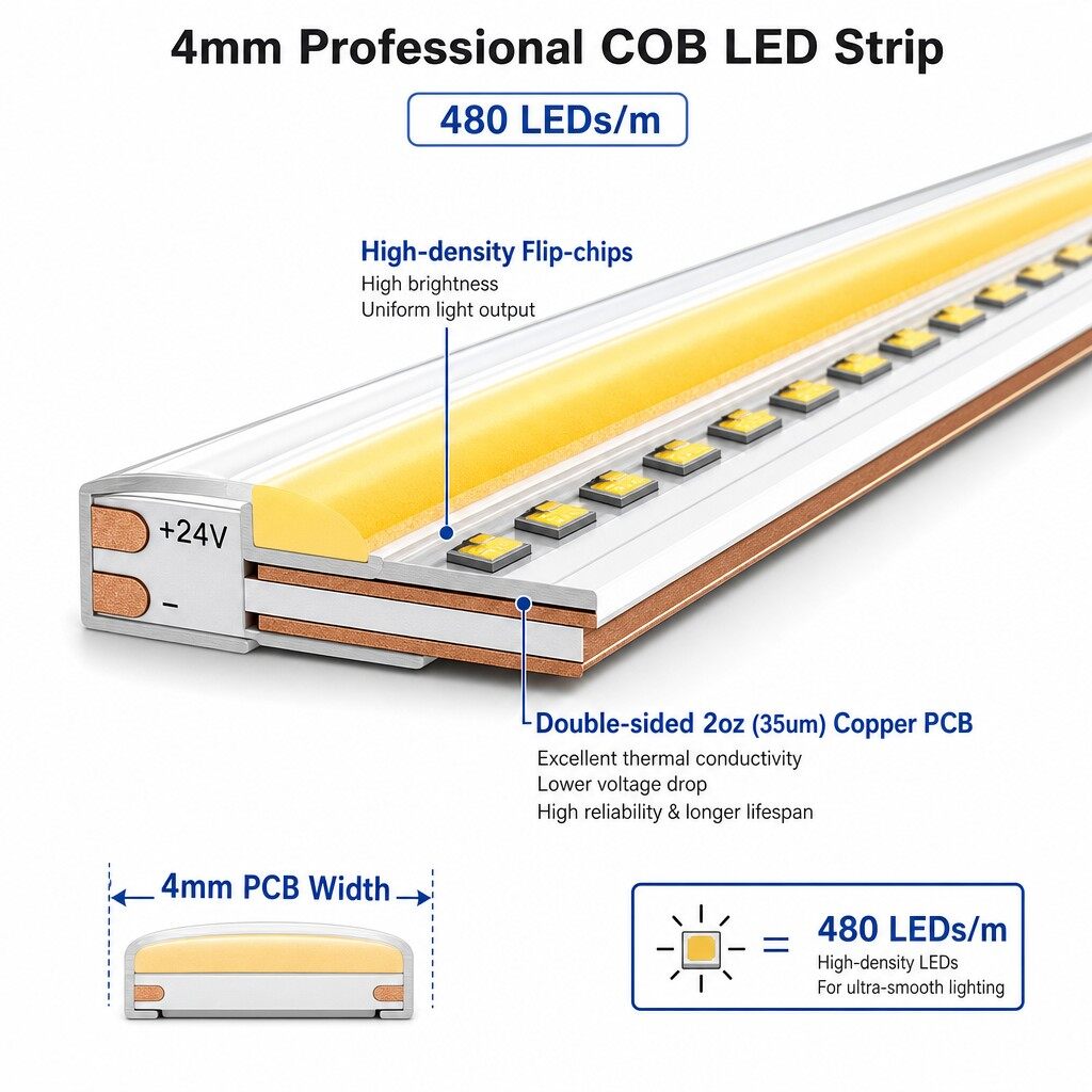 Professional 4mm High-Density COB LED Strip | 480 LEDs/m Precision Lighting thumbnail 3