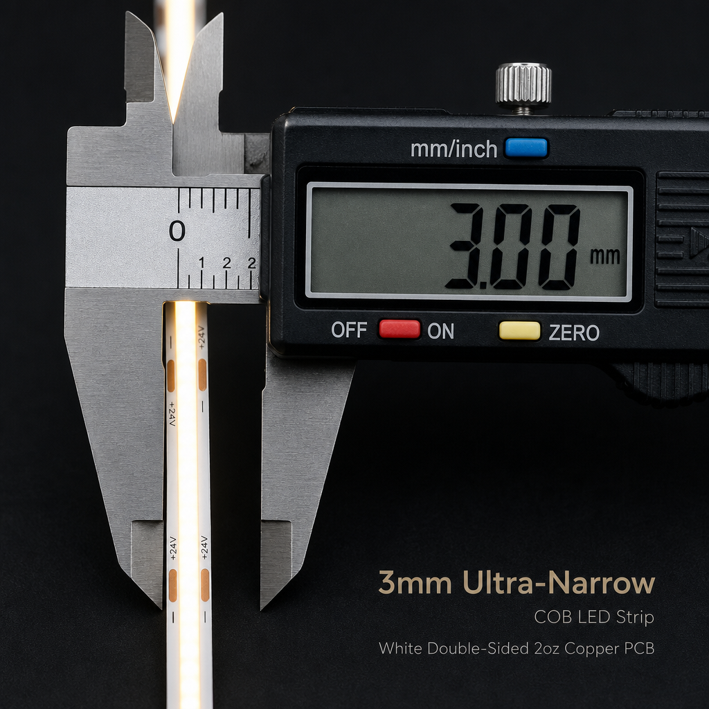 3mm ultra-narrow COB LED strip measured with digital caliper miniaturisation 2026 trend