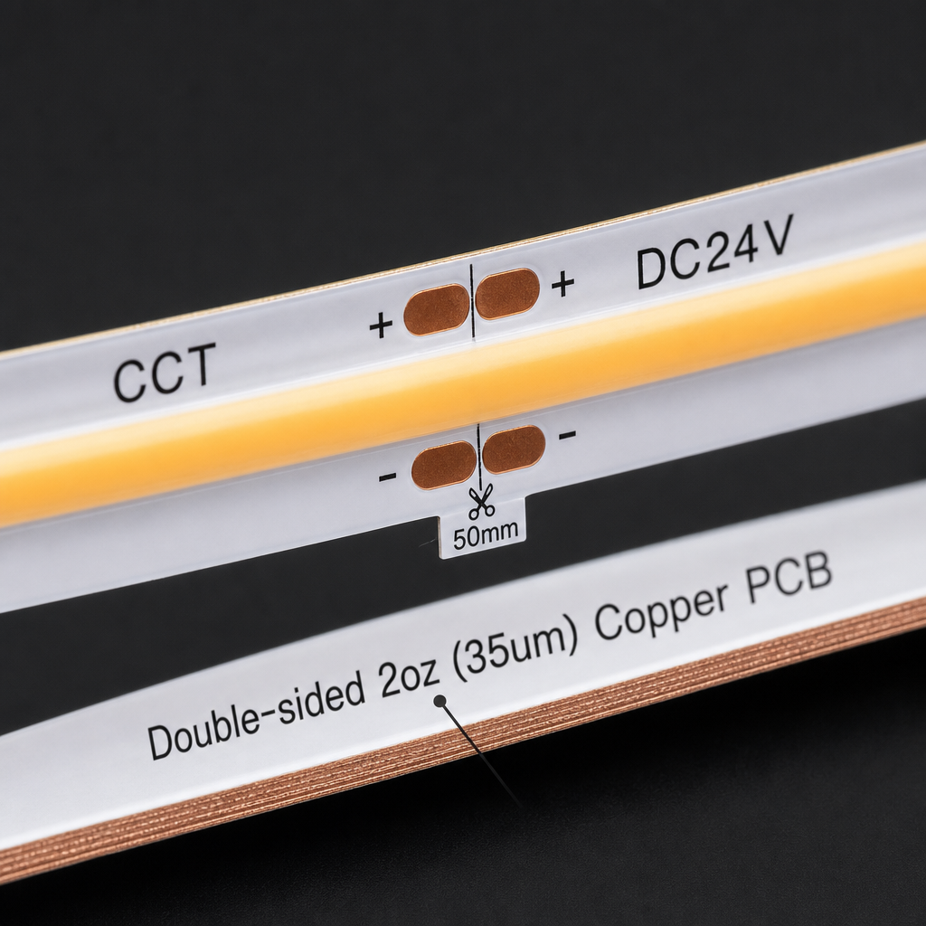 Double-sided 2oz 35 micron copper PCB macro of COB LED strip for heat dissipation and durability