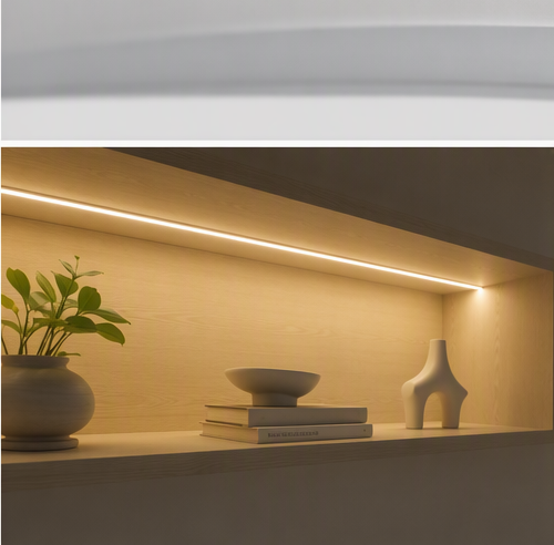 Recessed 6x12mm side-view neon flex installed under a wooden shelf - clean linear accent light for furniture and cabinetry
