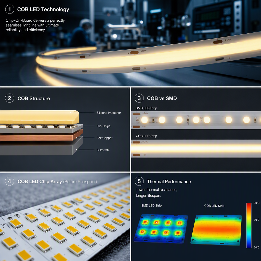 COB LED technology overview - flip chip structure, COB vs SMD comparison and thermal performance diagram