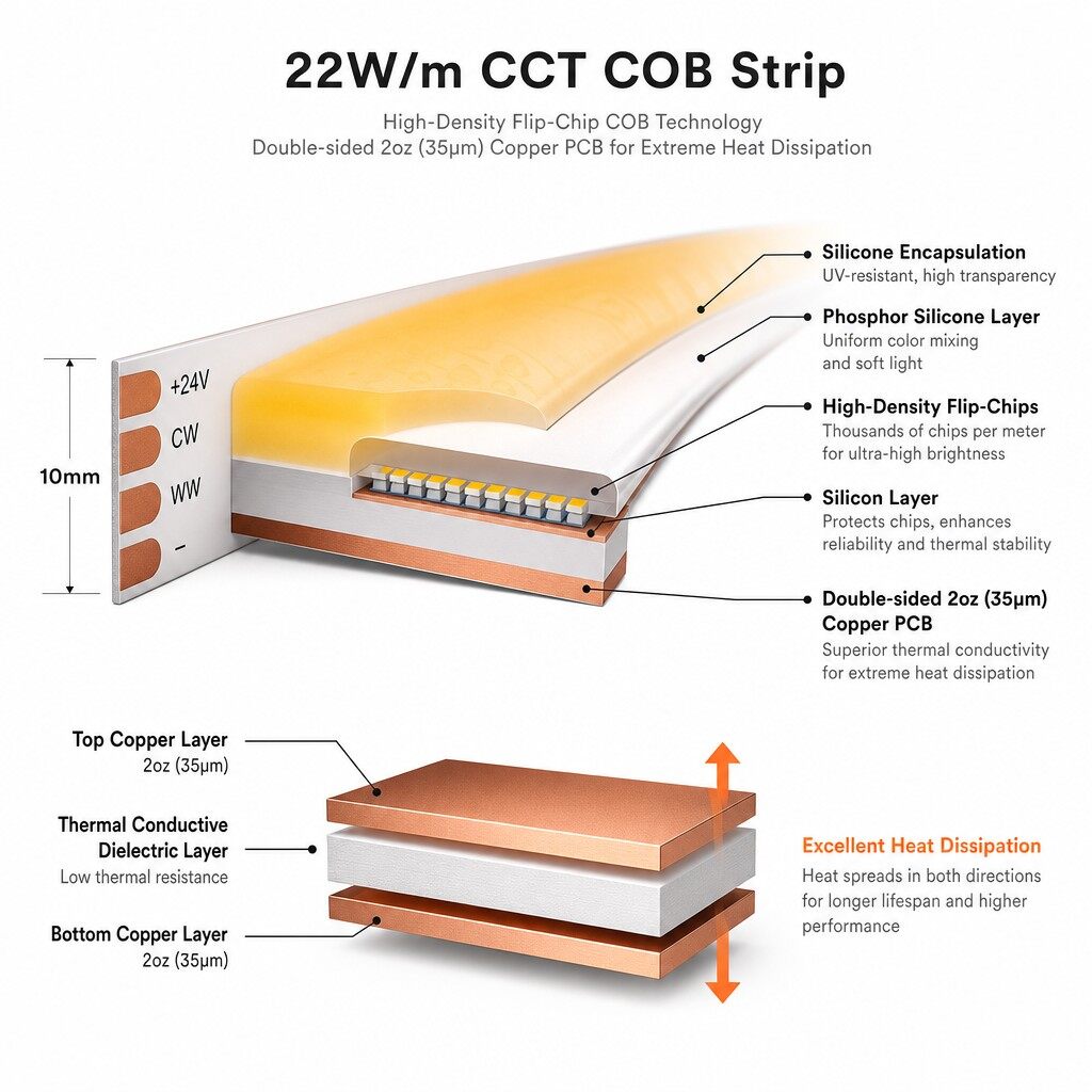 Tunable White CCT COB LED Strip Dimmable 2700K-6500K For Hotel Engineering thumbnail 4