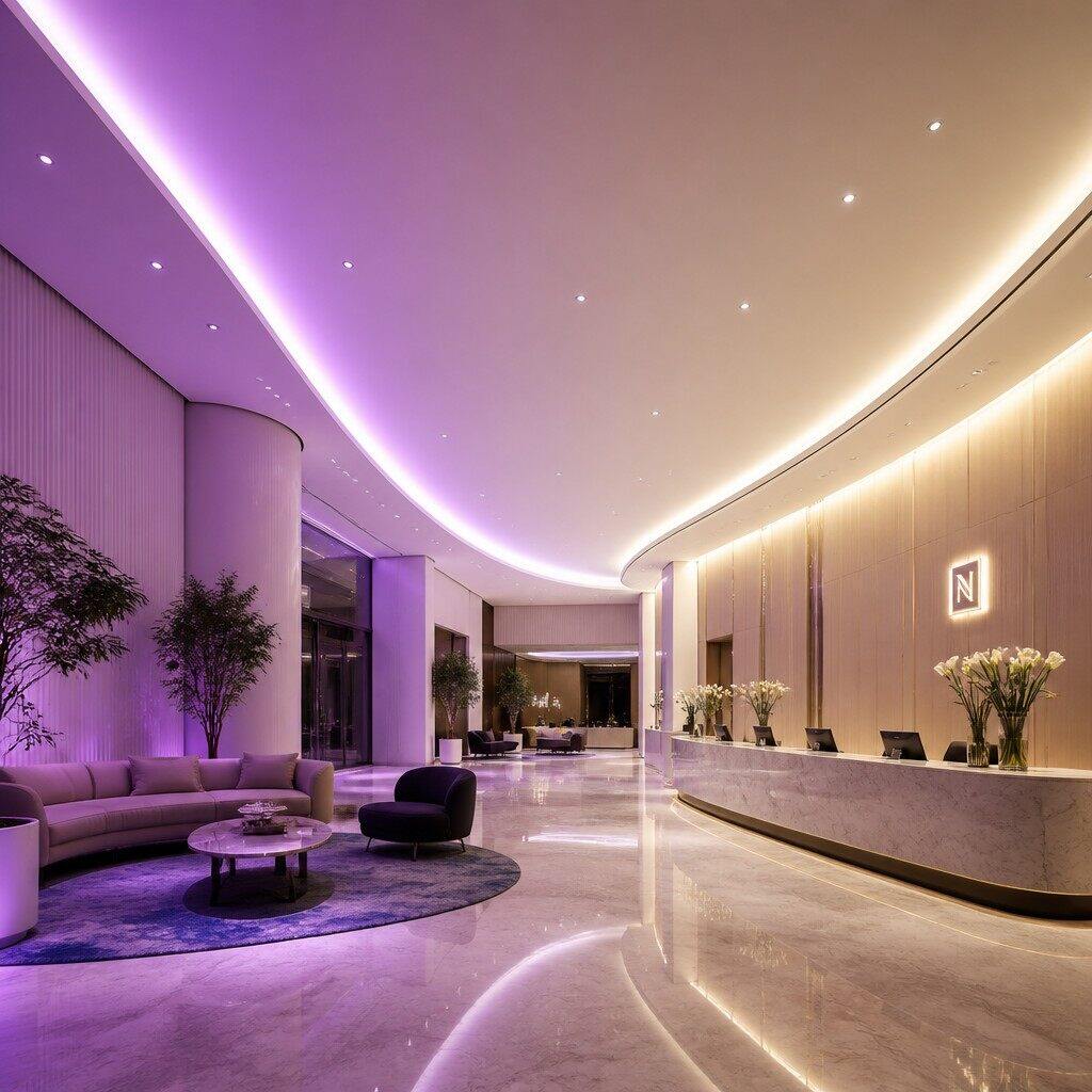 Linear cove lighting application in a luxury hotel lobby interior