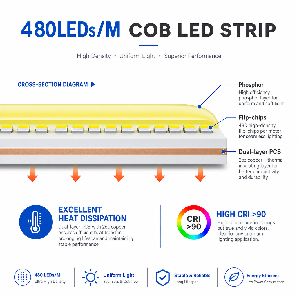 480 LEDs per metre COB LED strip cross section showing silicone phosphor, high-density flip-chips and double-sided 2oz copper PCB