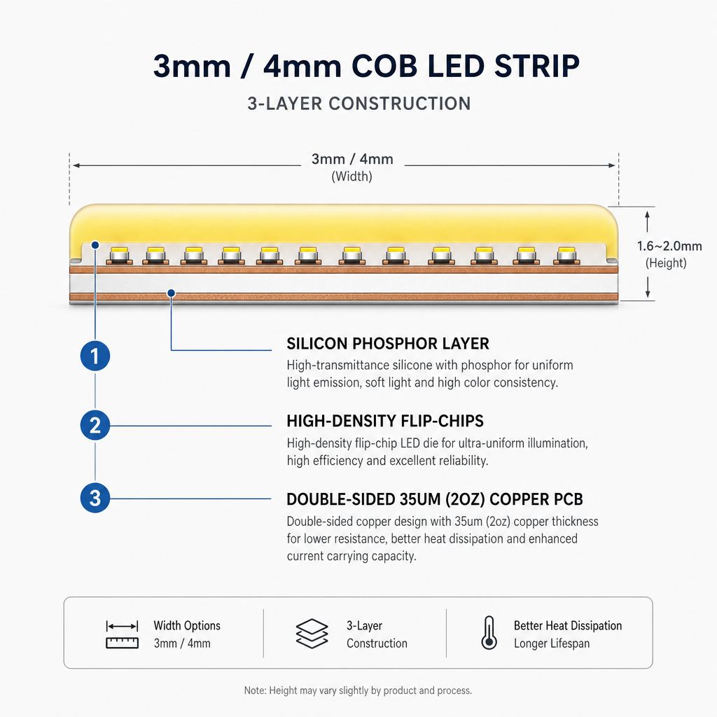 3mm and 4mm COB LED strip 5-layer construction with silicone phosphor flip-chips copper PCB high CRI