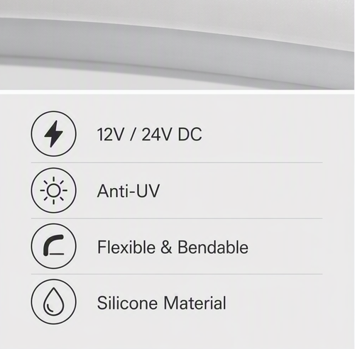 6x12mm side-view neon flex feature summary - 12V/24V DC options, anti-UV silicone, flexible and bendable, silicone material, IP67